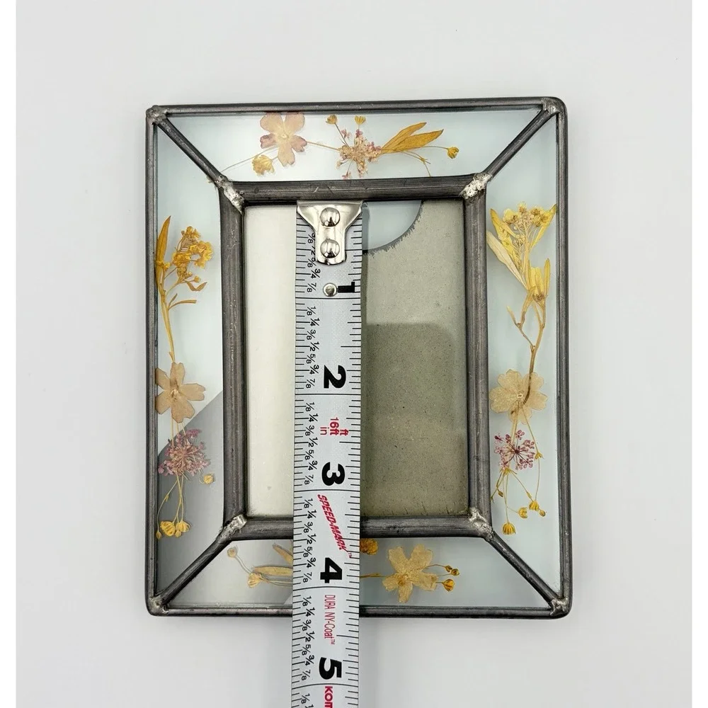 Vtg Stained Glass Picture Frame Real Pressed Flowers Boho Cottage Metal Solder
